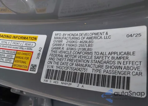 2025 Honda Accord Hybrid Sport-L z USA, uszkodzony, nr VIN 1HGCY2F75SA042751